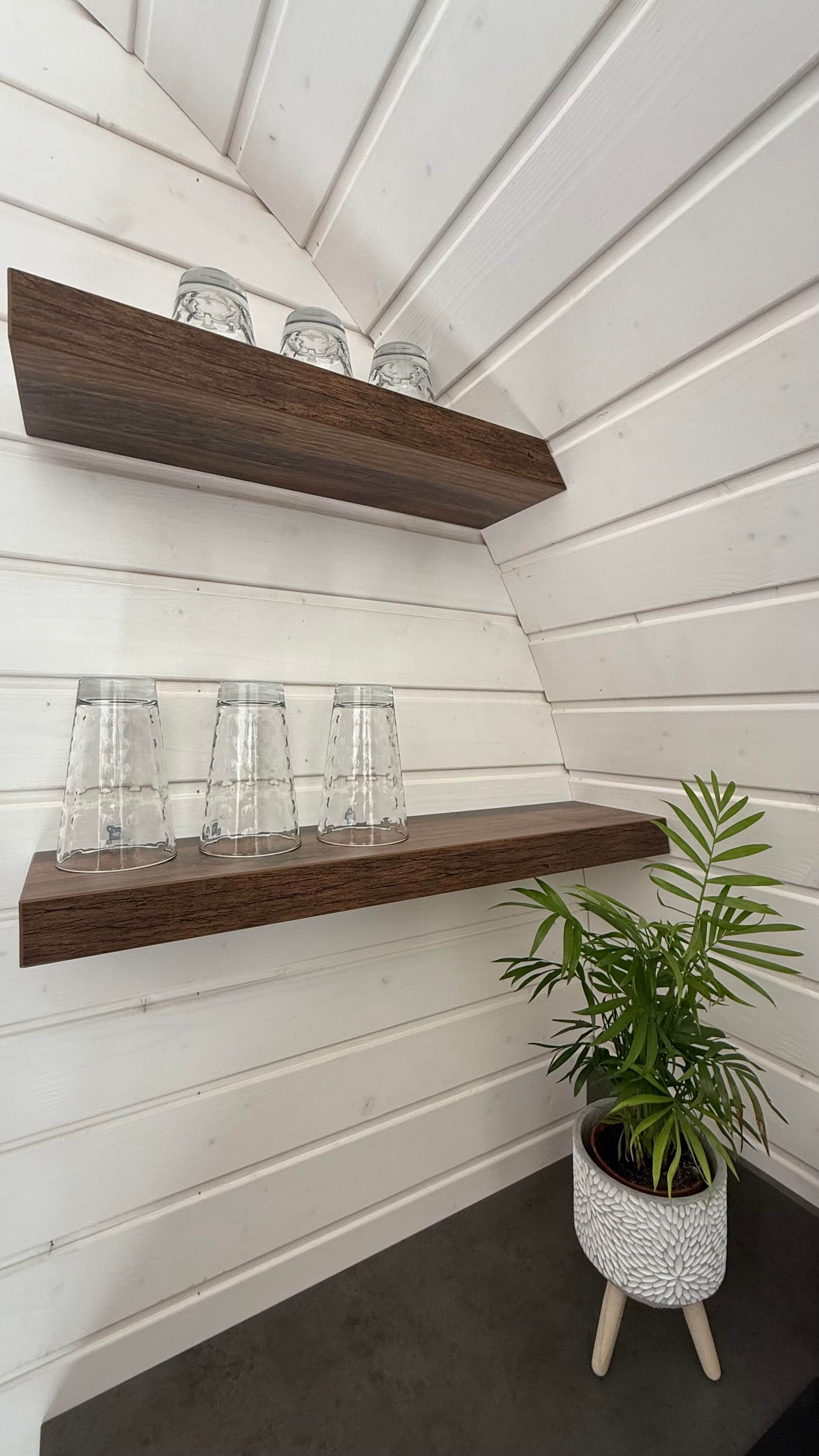 A corner with two wooden shelves against a white paneled wall, each holding clear glass cups and a potted plant.