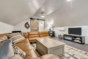 Smart TV, fireplace, books