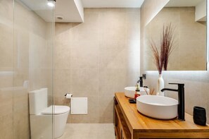 Secadora de cabello, toallas, jabón, papel de baño 
