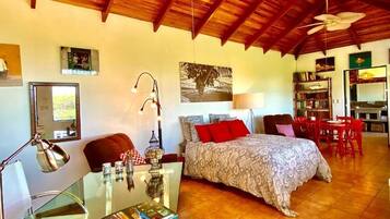 Suite estudio, cocina, vista a la montaña | Escritorio, cortinas blackout y tabla de planchar con plancha