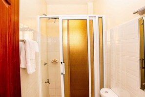 Hair dryer, towels, soap, toilet paper