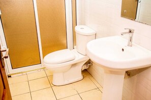 Hair dryer, towels, soap, toilet paper