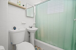 Hair dryer, towels, soap, shampoo