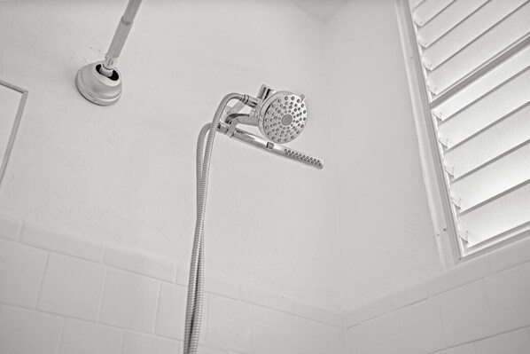 Hair dryer, towels, soap, shampoo