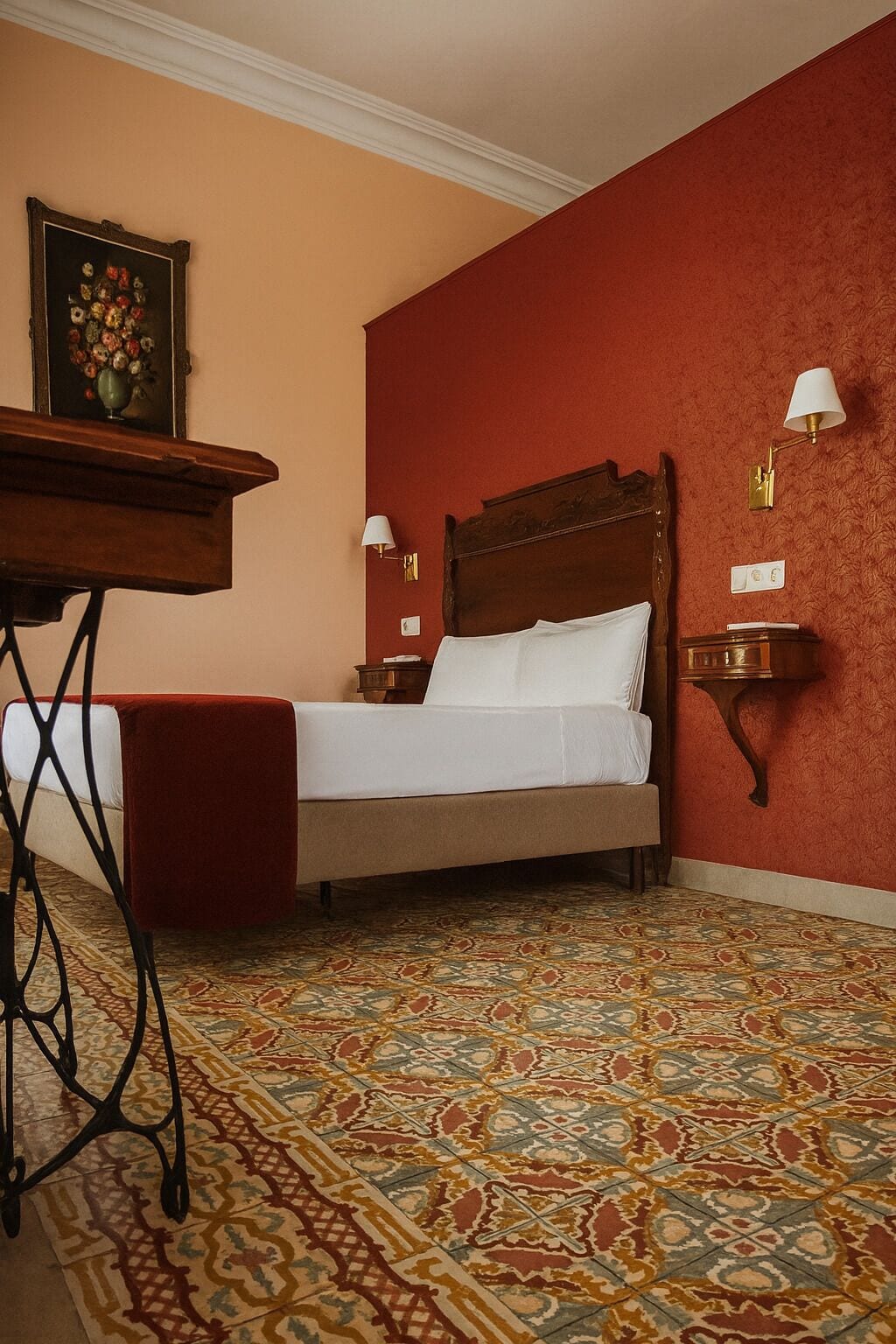 Une chambre d’hôtel avec un lit, une table de chevet, une lampe, une table et un tapis à motifs.