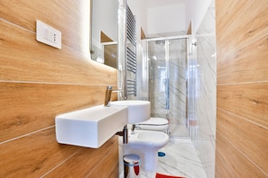 Shower, hair dryer, bidet, towels