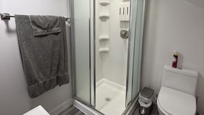 Et moderne badeværelse med en bruseniche, et hvidt toilet og et badekar.