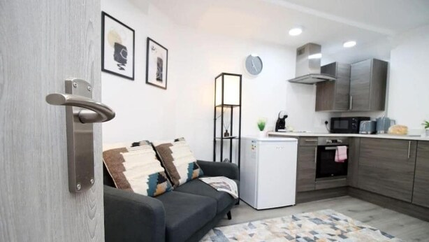 Um espaço compacto com sofá, pequeno frigorífico, micro-ondas e cozinha básica.