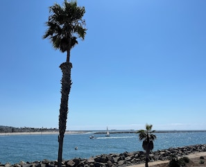 Una playa con costa rocosa, palmeras y un cielo azul despejado.