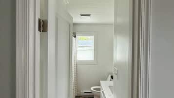 A hallway leading to a bathroom with a toilet, sink, and a window.