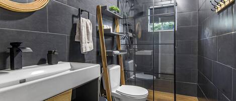 Shower, towels, soap, toilet paper