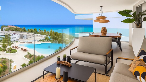 A balcony with a view of a pool and a beach, furnished with a sofa, a table, and a chair. - LUX 3 BR Sub Penthouse One Mambo Beach (Willemstad)