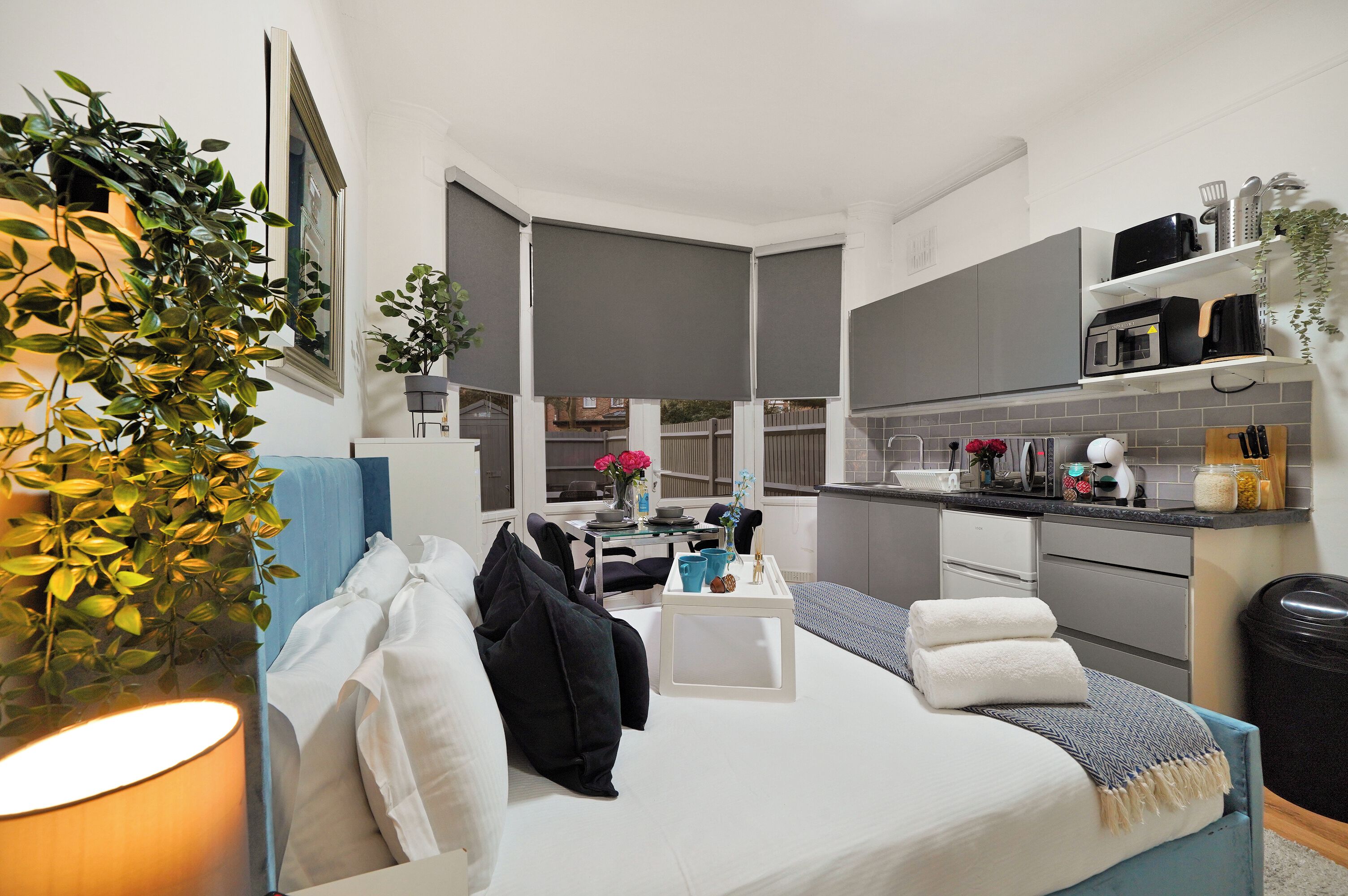 Superior Studio, Patio | Egyptian cotton sheets, premium bedding, laptop workspace