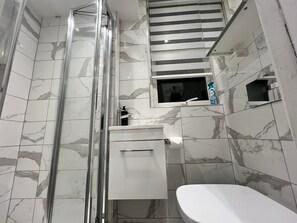 Premier Studio, Patio | Bathroom | Shower, hair dryer, towels, soap - Central Harrow 5 Studio Apartment Block (Harrow)