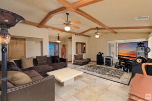 TV, books, video library, stereo