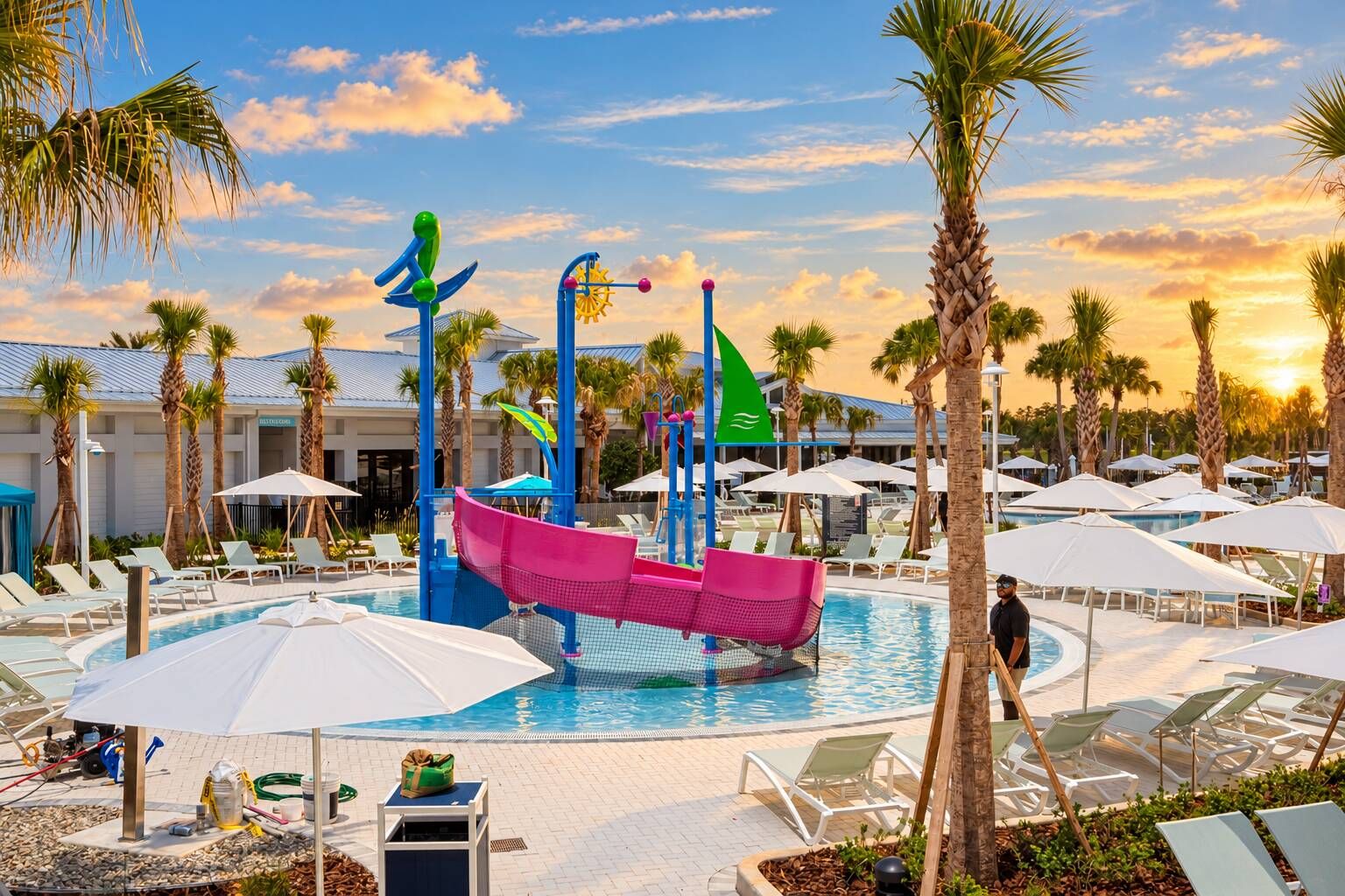 A resort pool area with a water slide, lounge chairs, umbrellas, and palm trees.