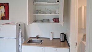 Una cocina compacta con pileta integrada, hervidor de agua y un armario con vajilla y vasos.