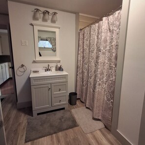 Shower, hair dryer, towels, toilet paper