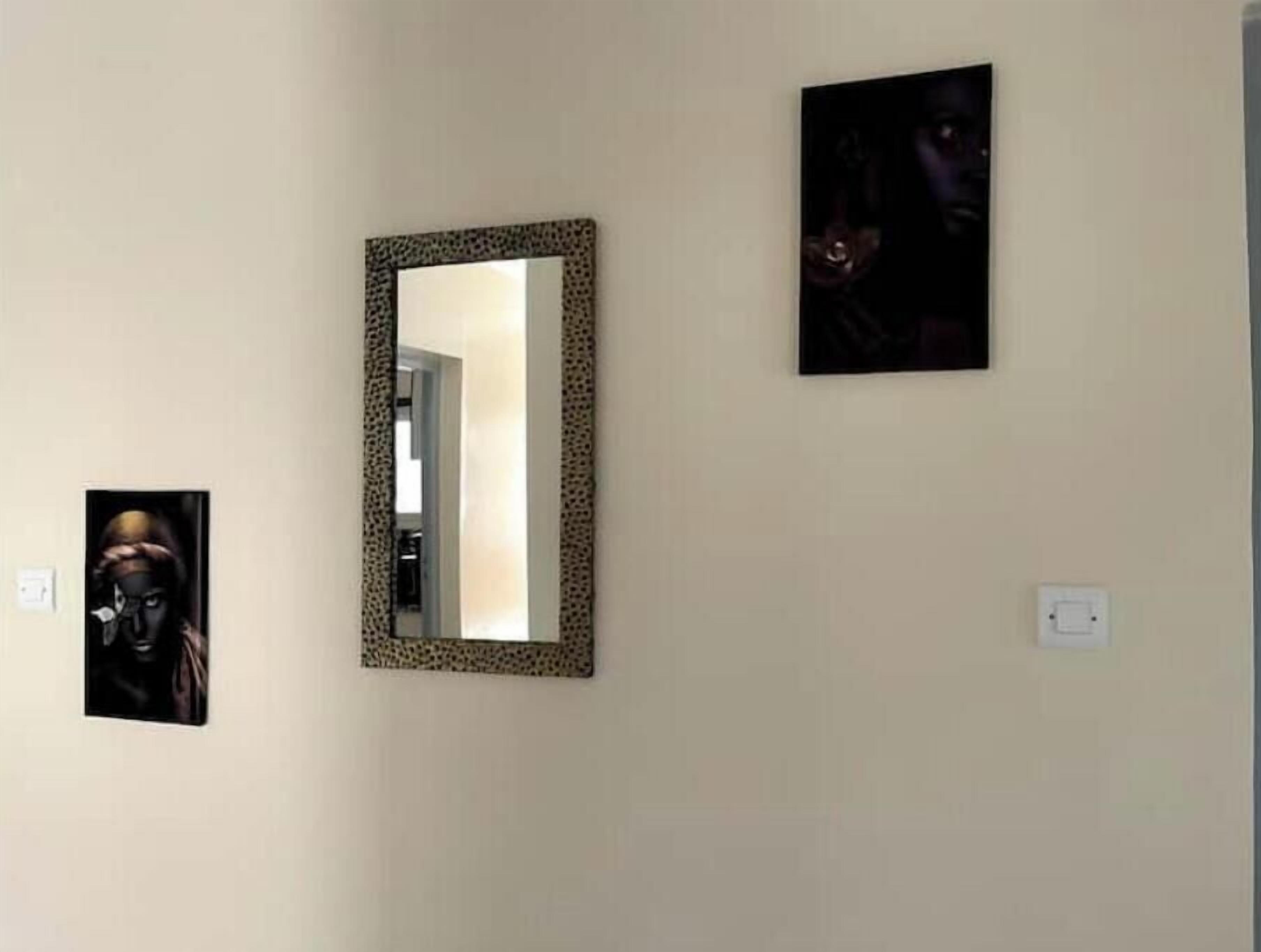 Een spiegel met een luipaardprintlijst, een donker lijstwerk met een afbeelding en een lichtschakelaar aan de muur.