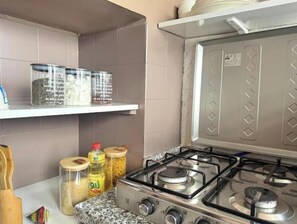Fridge, oven, stovetop, coffee/tea maker