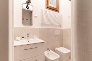 Regadera, secadora de cabello, bidet, toallas