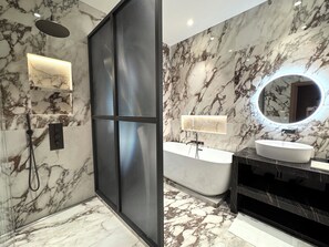 Hair dryer, towels, soap, shampoo