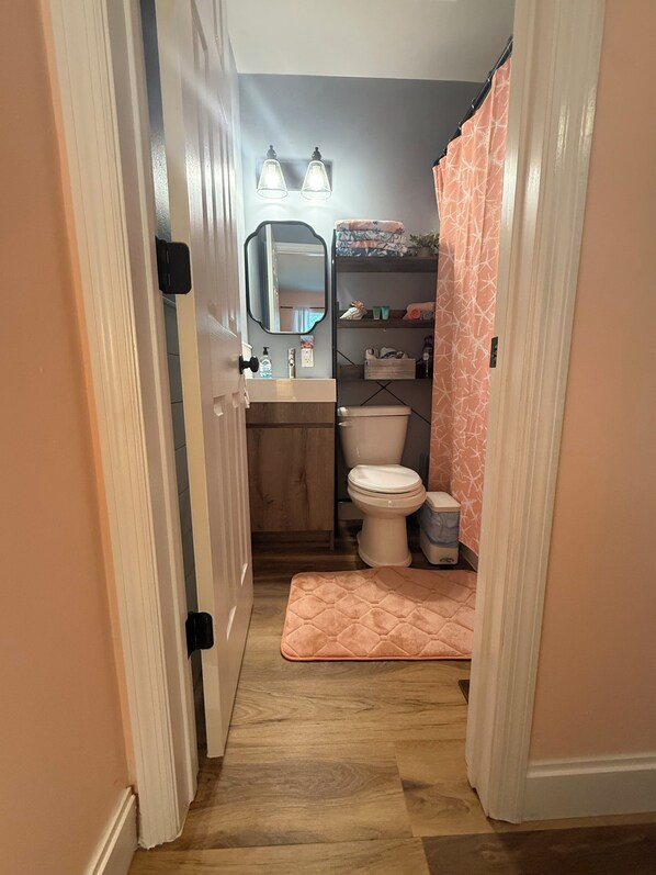 A narrow hallway leading to a bathroom with a toilet, sink, and two wall-mounted lights.