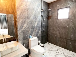Hair dryer, bidet, soap, toilet paper