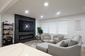 TV, fireplace, books