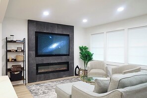 TV, fireplace, books
