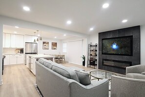 TV, fireplace, books
