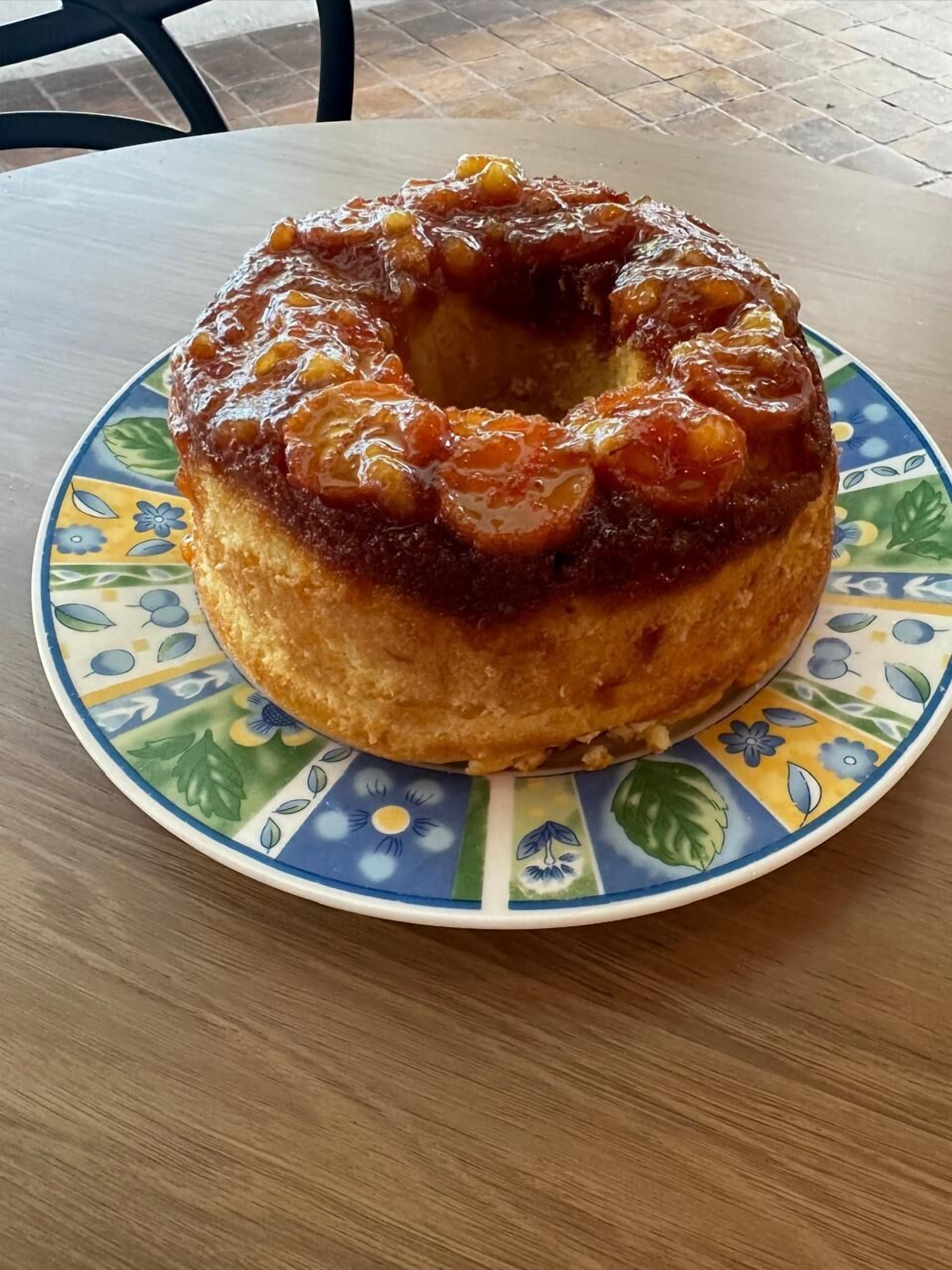 A cake on a decorative plate.