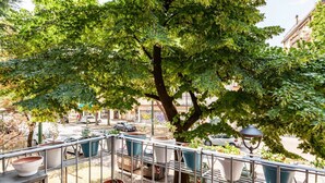 Een balkon met bloembakken, een metalen hekwerk en uitzicht op de straat.