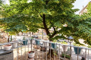 Un balcón con plantas en macetas, baranda de metal y vista a la calle.