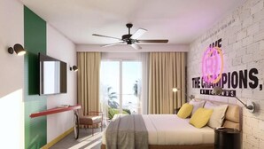 A modern bedroom with a bed, a ceiling fan, a TV mounted on the wall, and a large window with curtains. - Ryans Lolas (Sant Josep de sa Talaia)