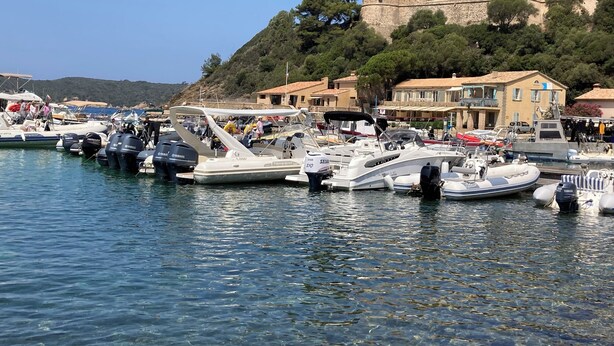 A marina with boats docked, a castle on a hill, and buildings with Mediterranean architecture. - Appt 2p-climatisé-WIFI-Parking-Pied dans l'eau-Plage La Badine-Presqu'ile Hyères (Hyères)