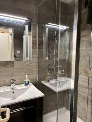 Shower, hair dryer - Appt 2p-climatisé-WIFI-Parking-Pied dans l'eau-Plage La Badine-Presqu'ile Hyères (Hyères)