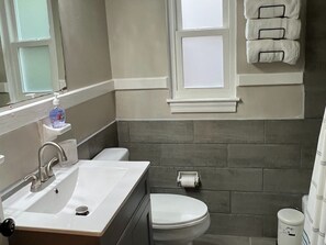 Hair dryer, towels, soap, toilet paper