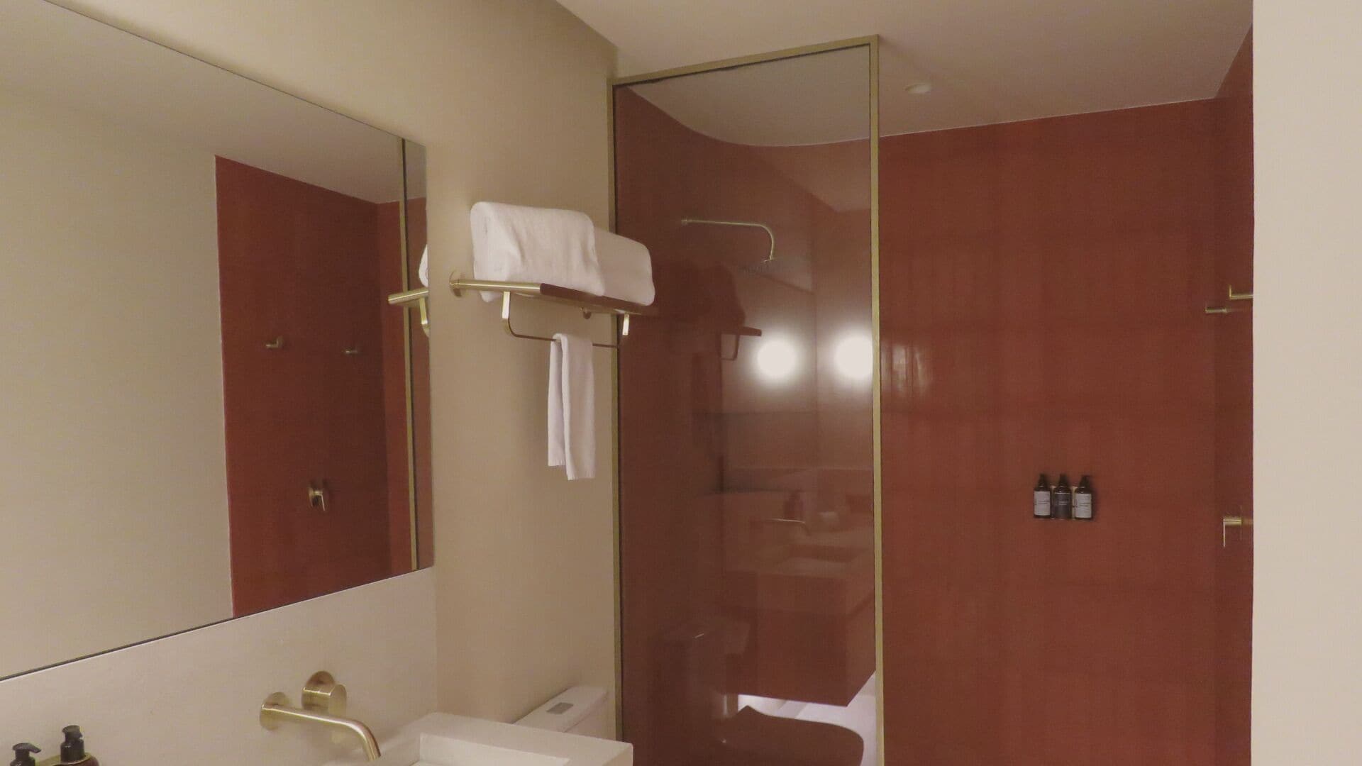 A modern bathroom with a glass-enclosed shower, a large mirror, and a white sink.