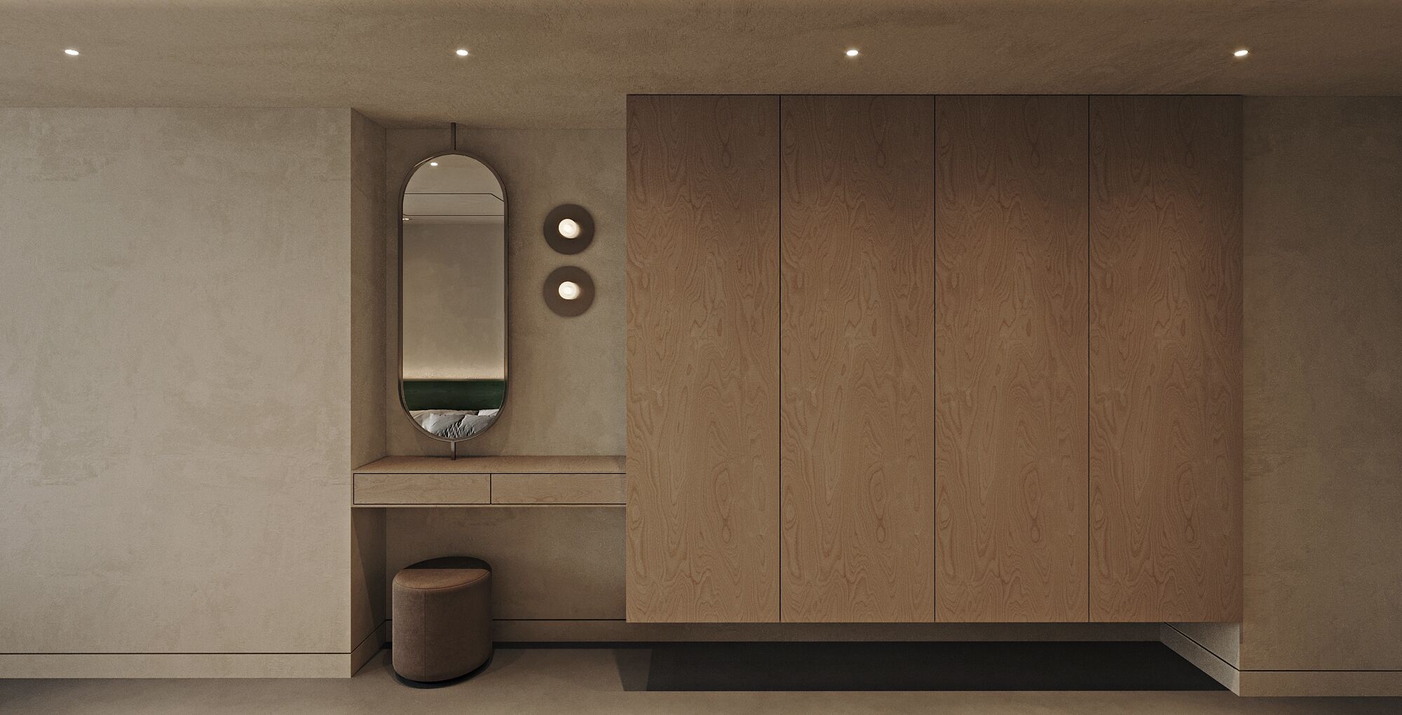 A modern bathroom with a wooden vanity, a round mirror, and a small stool.