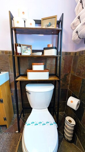 Hair dryer, towels, soap, shampoo