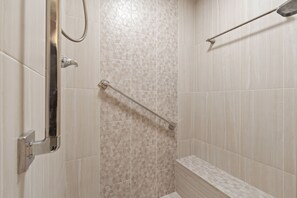 Hair dryer, towels, soap, shampoo