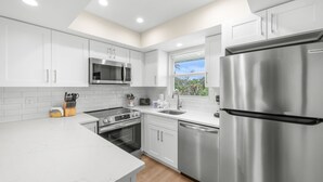 A modern kitchen with white cabinets, stainless steel appliances, and a large island.