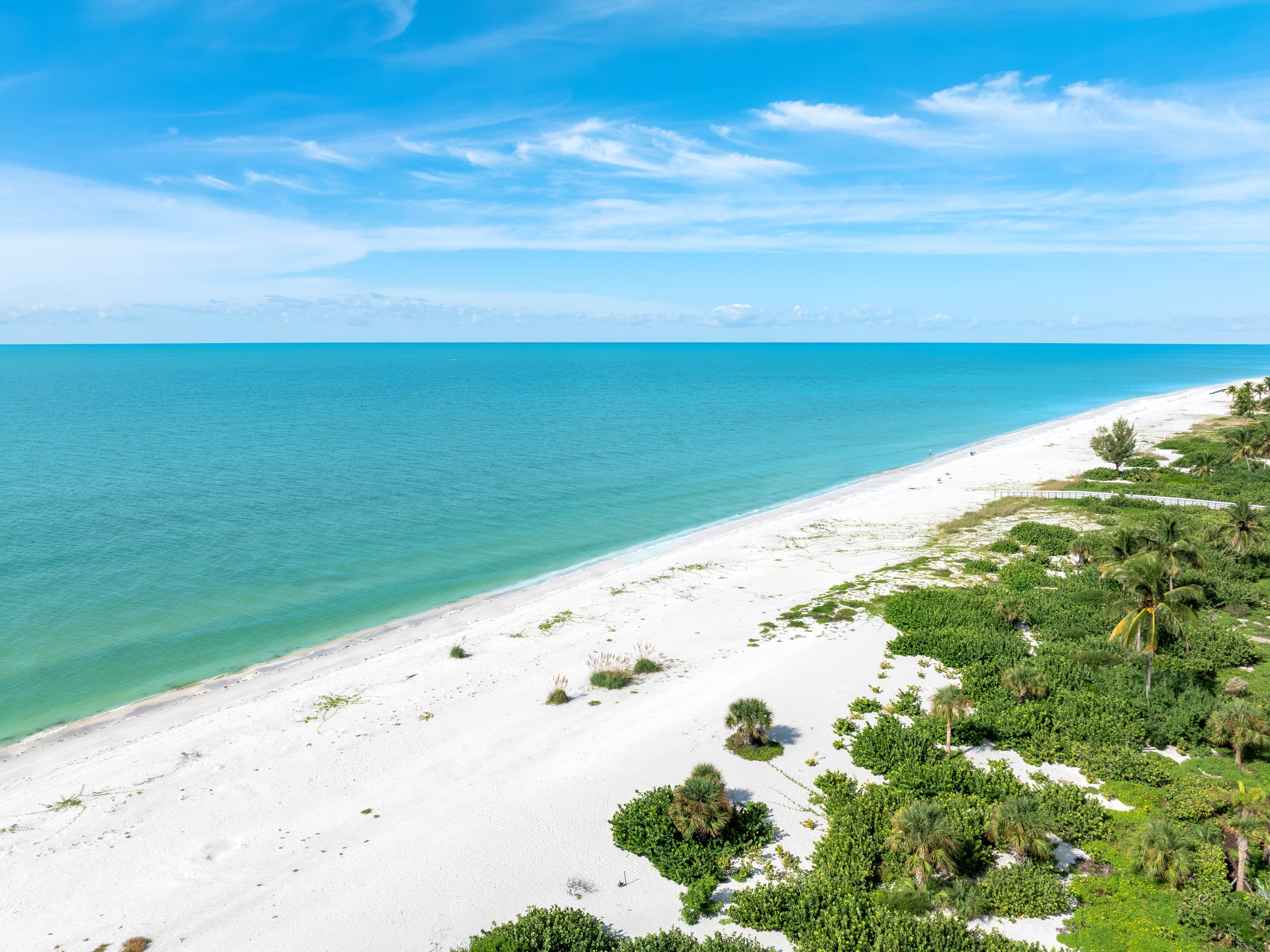 A beach with white sand, clear turquoise water, and green vegetation.