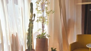 A cozy room with a bed, a yellow armchair, and potted plants. - La Terrasse (Marrakech)