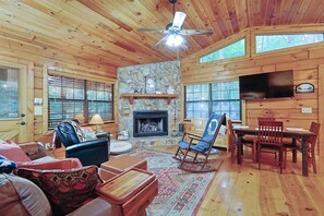 Smart TV, fireplace, books