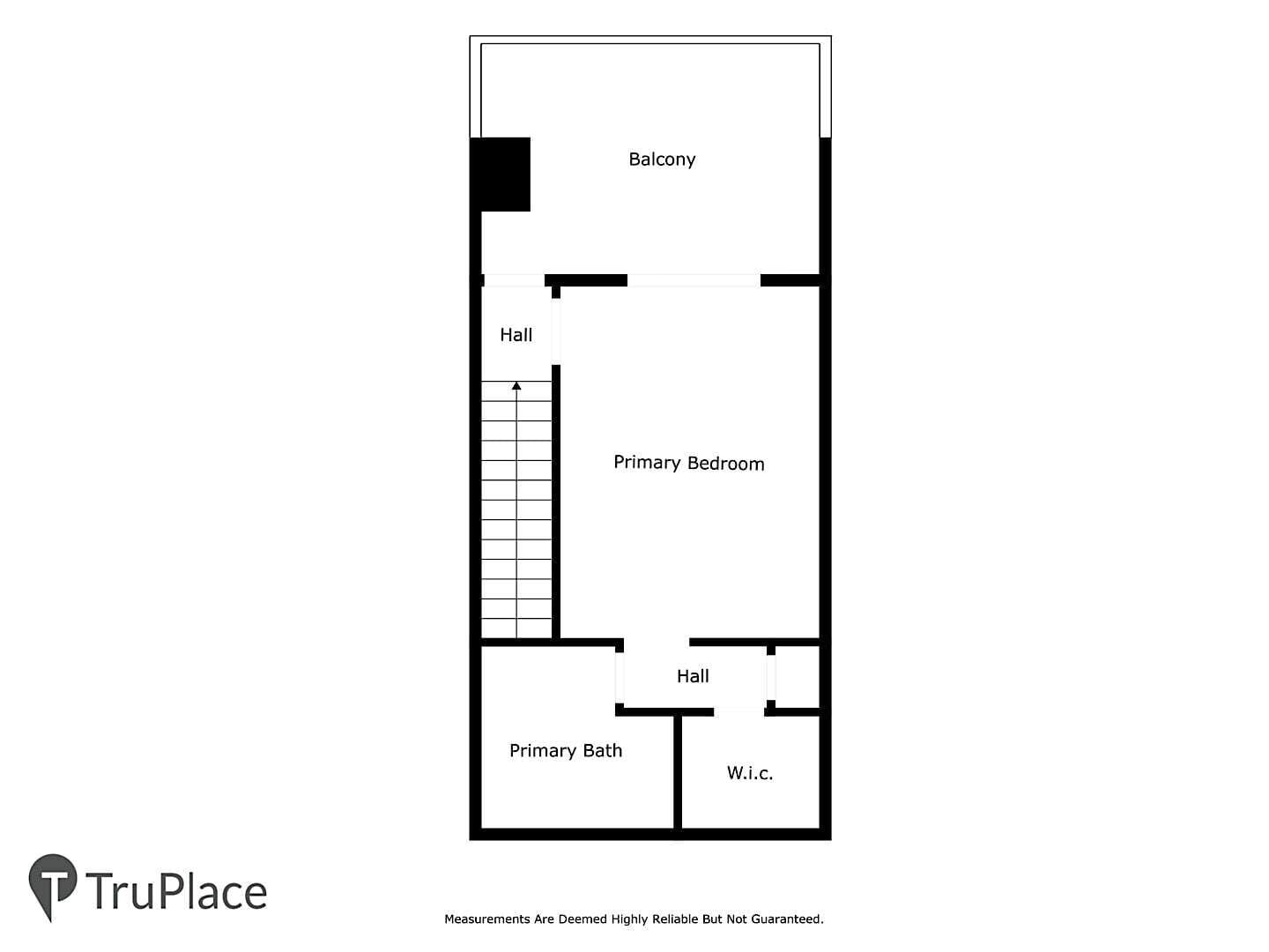 Plano de planta con balcón, habitación principal, pasillo, baño principal y aseo.