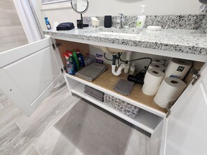 Hair dryer, towels, soap, shampoo