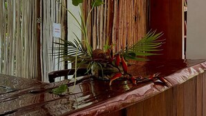 A wooden reception desk with a plant arrangement and a bamboo wall. - Ganesh Hostel (El Valle)