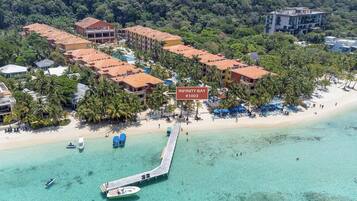 On the beach, sun loungers, beach towels